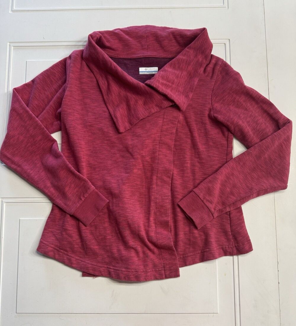 Columbia Sweater Womens XS Open Front One Button Cardigan Asymmetrical Hem Red